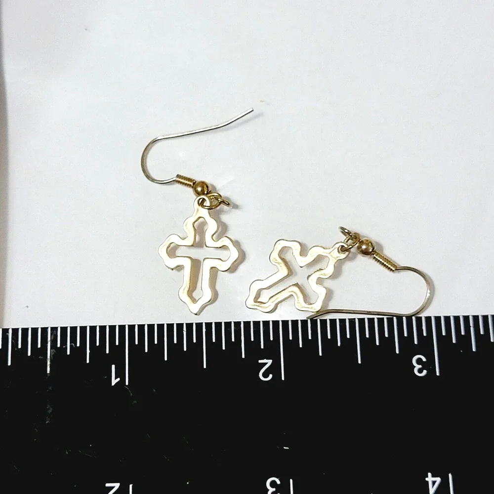 Vintage Cross Dangle Pierced Earrings Gothic Gold-tone Open-Wrought 1 5/8